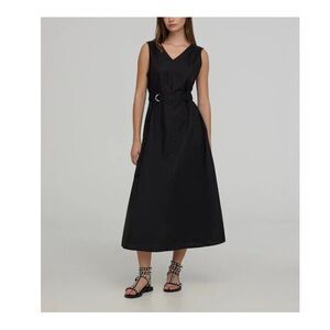 THEORY V-Neck Volume‎ Good Linen Black Midi Sleeveless Dress Womens 4 Belted